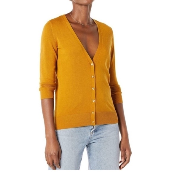 Nwt AMAZON Essentials Knit Cardigan Yellow V Neck Basic Button Up Sweater - Picture 1 of 14